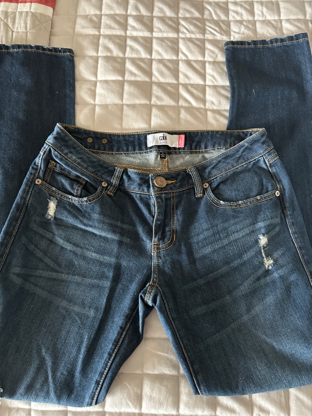 CAbi Dark Blue Boot Cut Jeans with Distressed Details